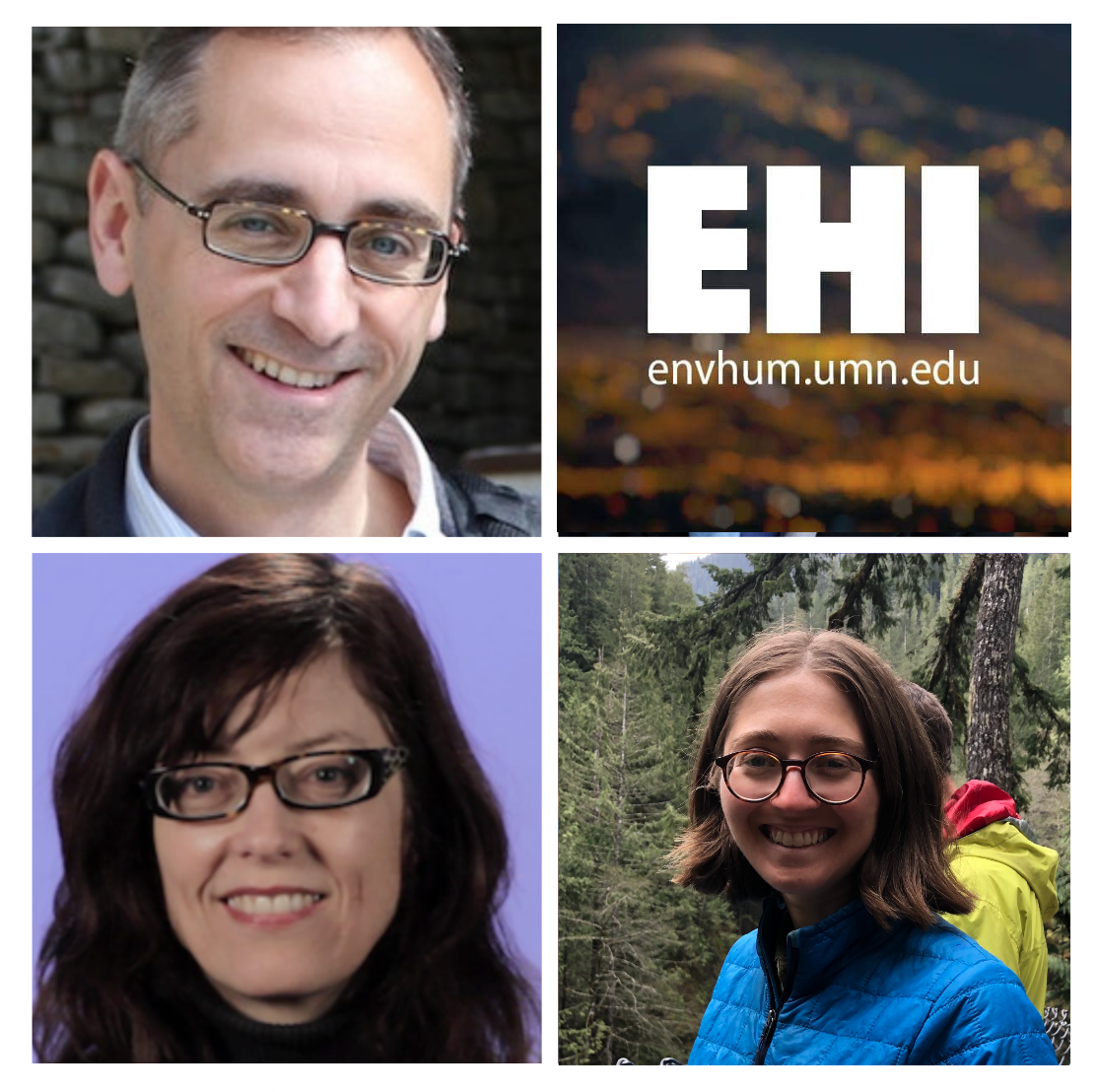 Organizers of EHI arranged in a quadrant, clockwise from top left: Dan Philippon, EHI logo, Nicole Emanuel, Christine Marran